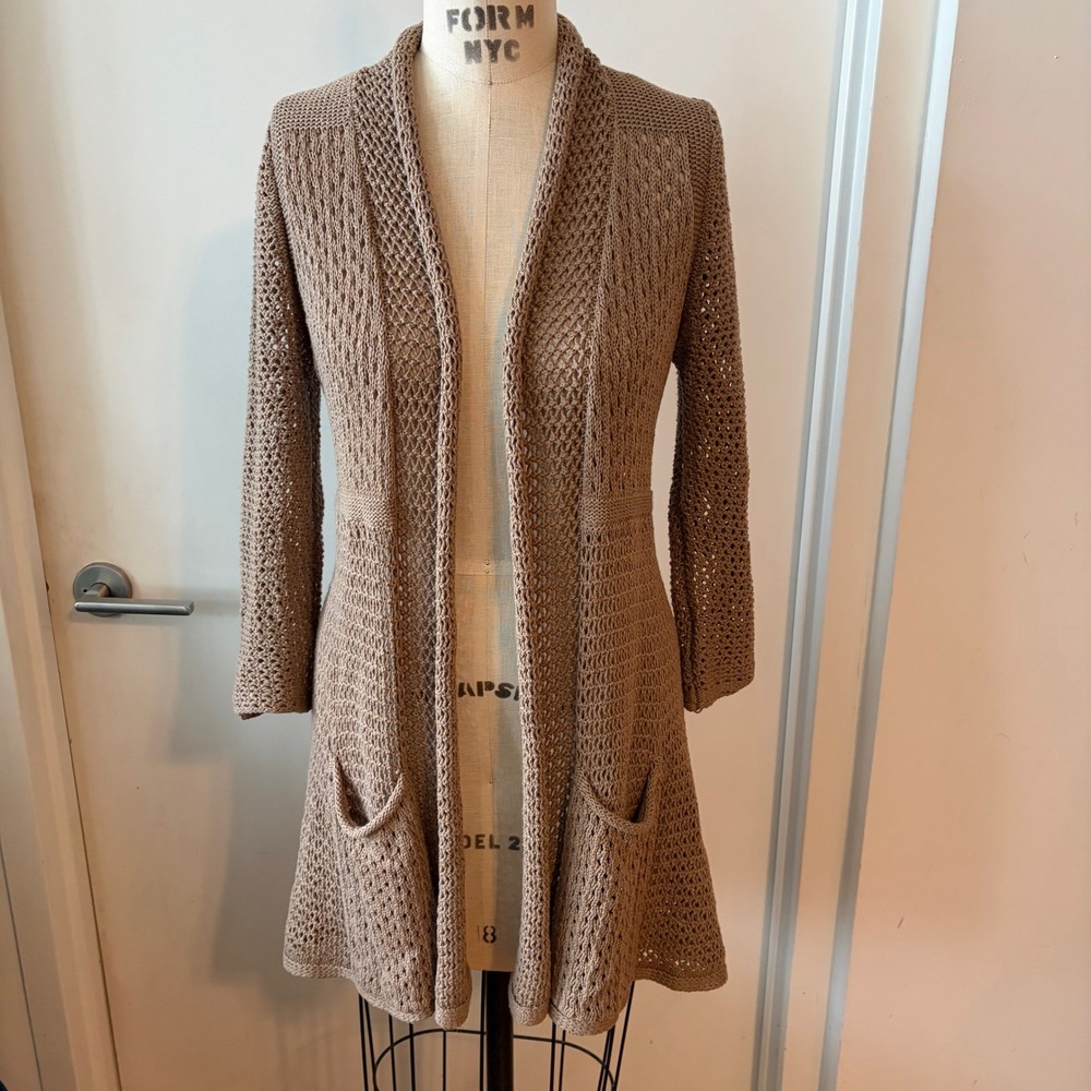 Anthropologie Angel of the North Tan Crochet Knit Open Front Cardigan Size Small